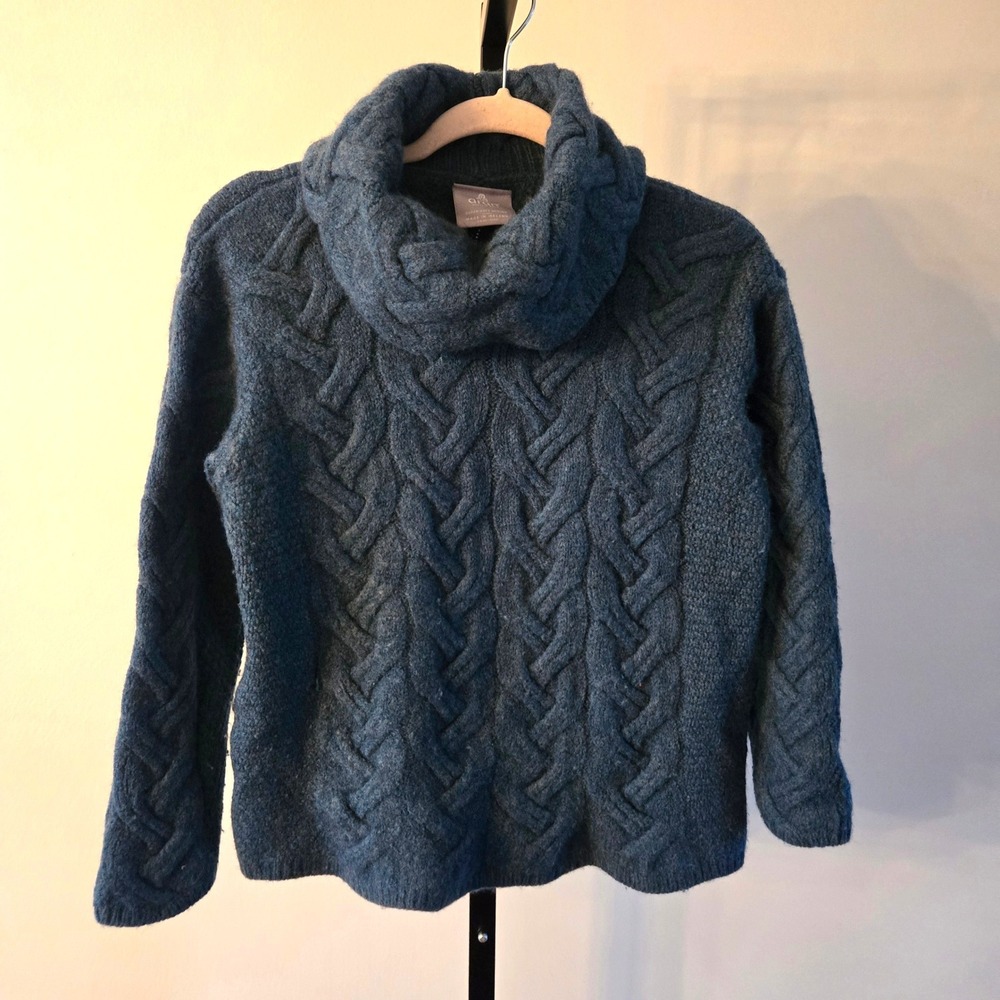 Aran Woollen Mills Merino Wool Cable Knit Cowl Neck Sweater Teal Blue Medium